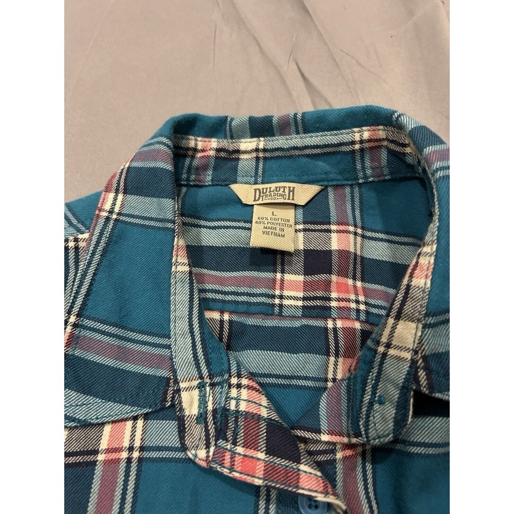 Duluth Trading Co Women's Teal and Red Plaid Button Down Shirt